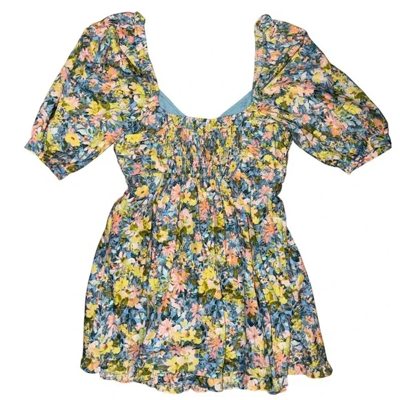Buddy Love Poppy-3 Floral Mini Dress Blue Yellow Puff Sleeve Smocked Medium Y2 - Picture 6 of 8